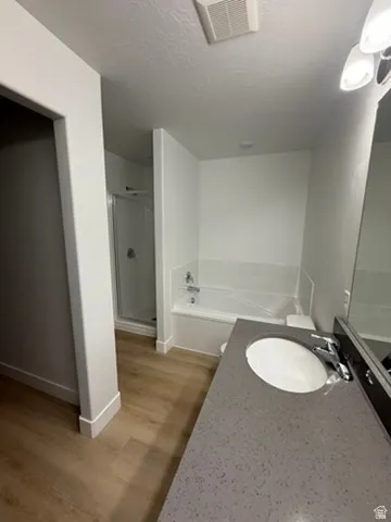 Bathroom with vanity, a stall shower, a garden tub, light wood-type flooring, and a textured ceiling