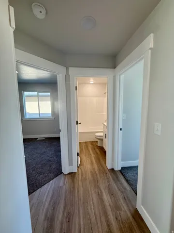 Lvp, recessed ceiling lighting, and crisp white trim