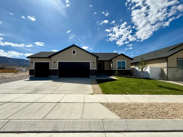 Single-story residence featuring a stucco and stone veneer exterior, a two-car garage, a concrete driveway, and a front lawn with a young tree