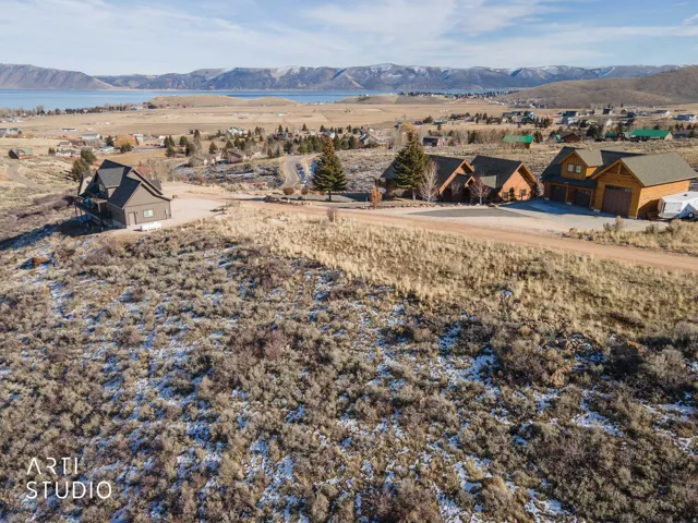 Aerial perspective of suburban area with mountains