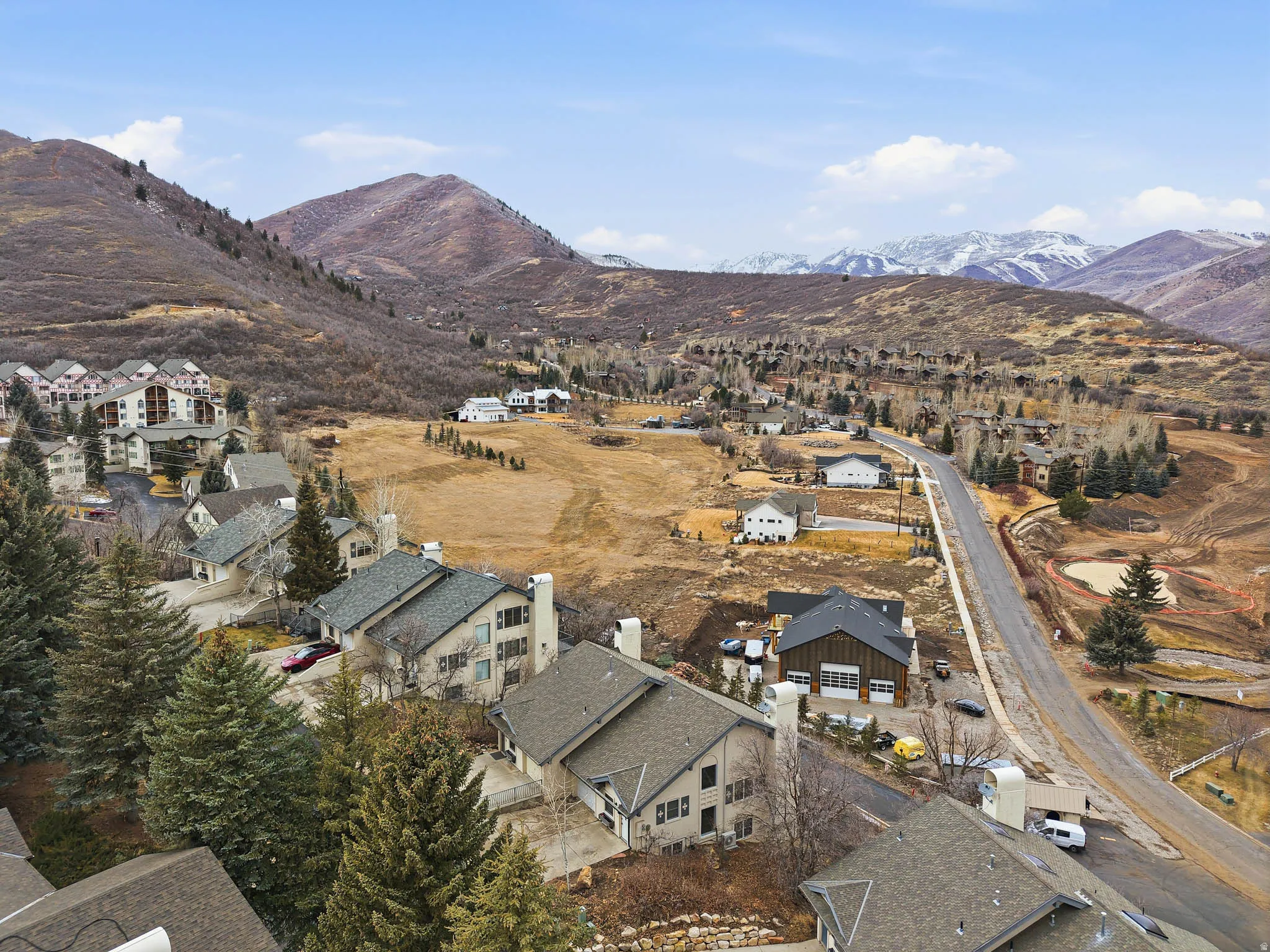 Aerial view of residential area with a mountain backdrop