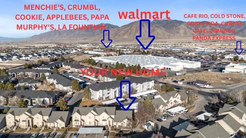 Aerial view of residential area with a mountainous background