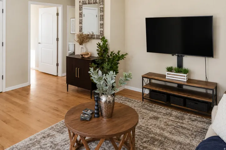 Light wood-finish flooring complements neutral wall tones throughout this interior space