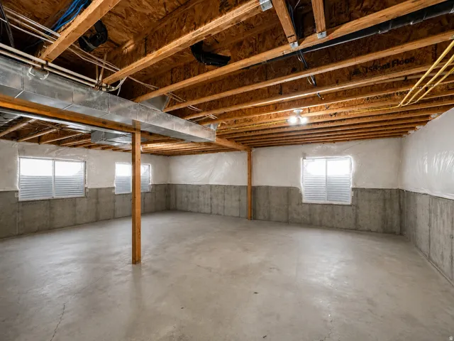 Unfinished basement featuring concrete flooring, exposed wood joists, and multiple windows with horizontal blinds