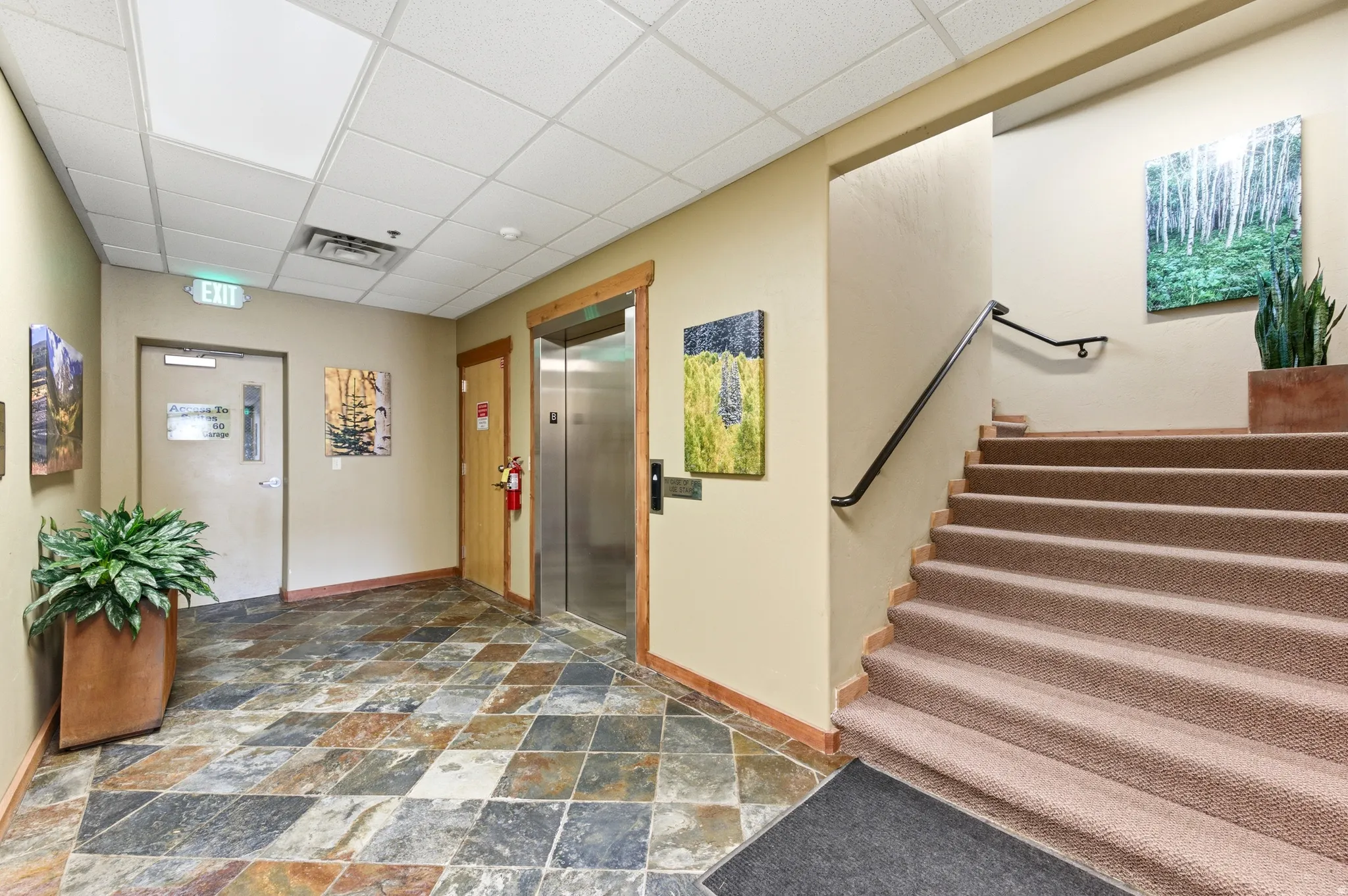 Foyer entrance with dark stone finish flooring, elevator, and a paneled ceiling