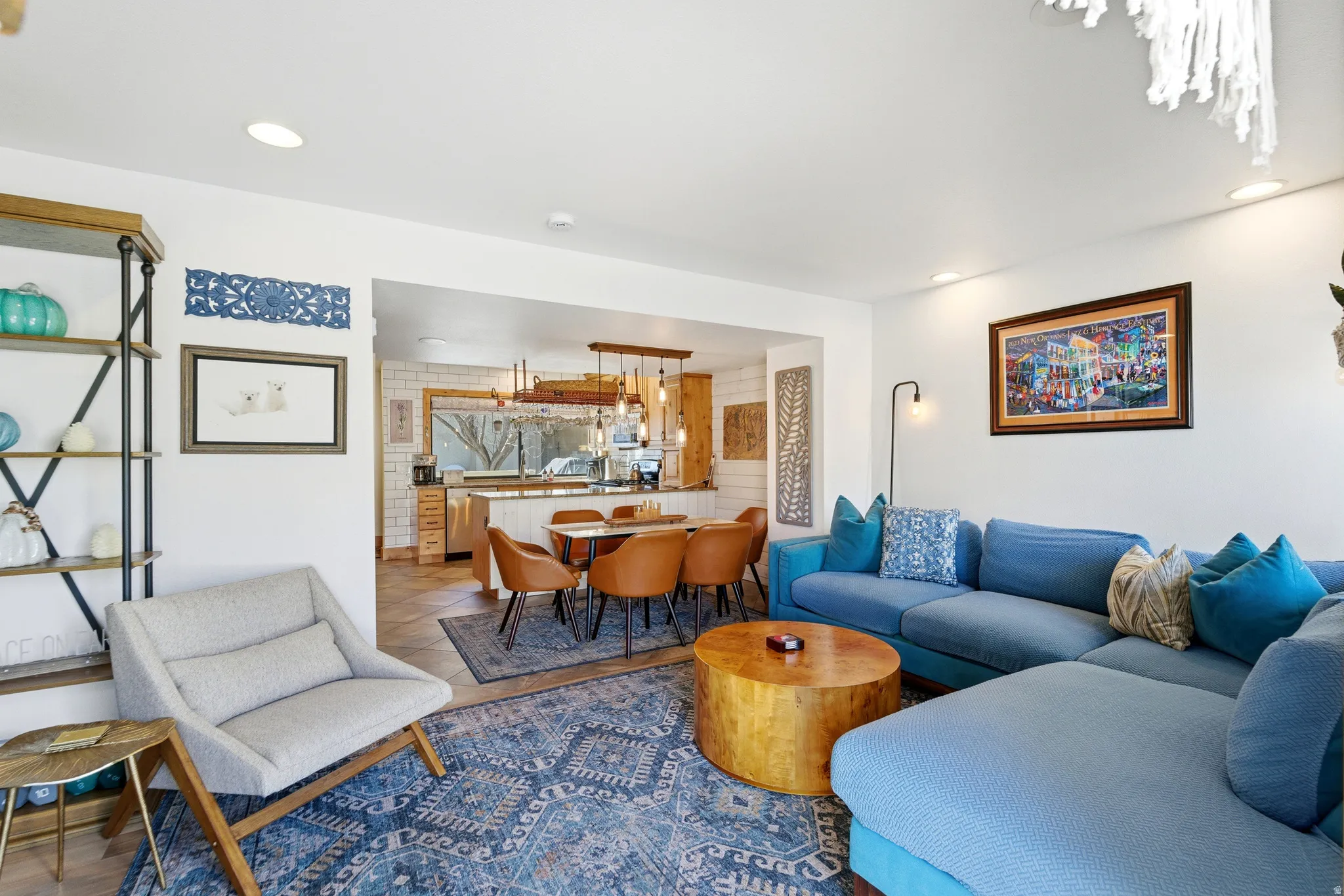 Living room with recessed lighting and tile patterned floors