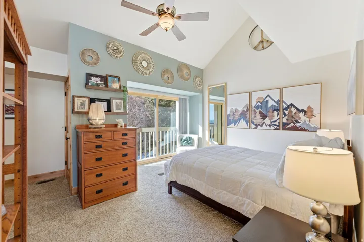 Bedroom featuring lofted ceiling, access to outside, light carpet, and ceiling fan