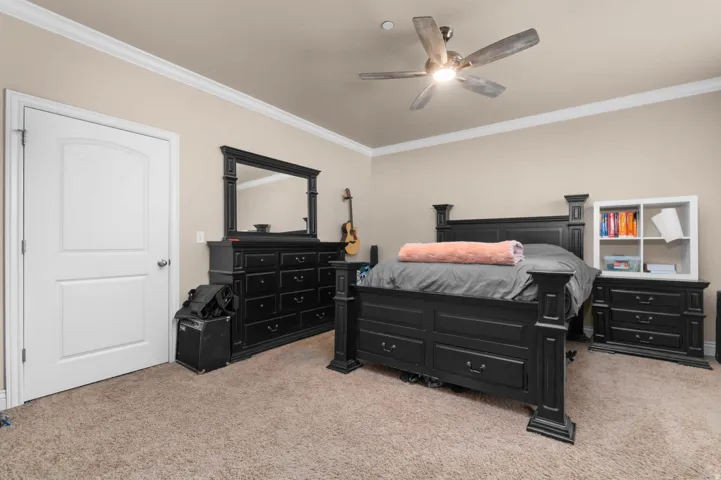 Bedroom featuring light carpet, ornamental molding, and ceiling fan
