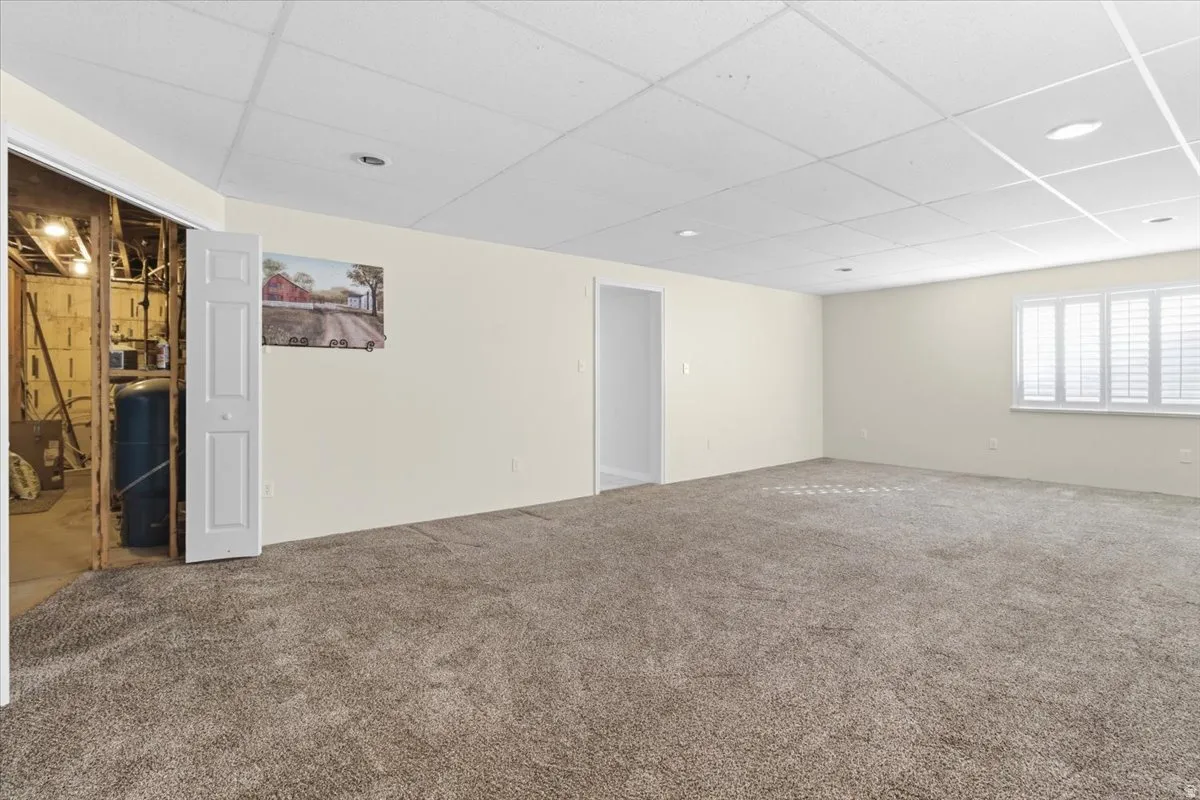 Unfurnished room featuring a drop ceiling and carpet floors