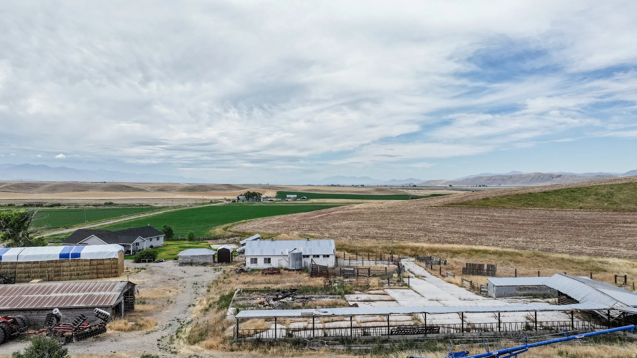 Overview of rural landscape featuring mountains