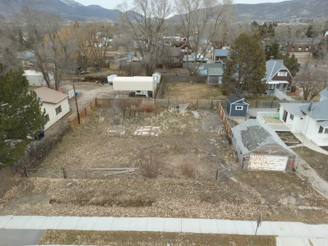 Aerial perspective of suburban area with a mountain backdrop