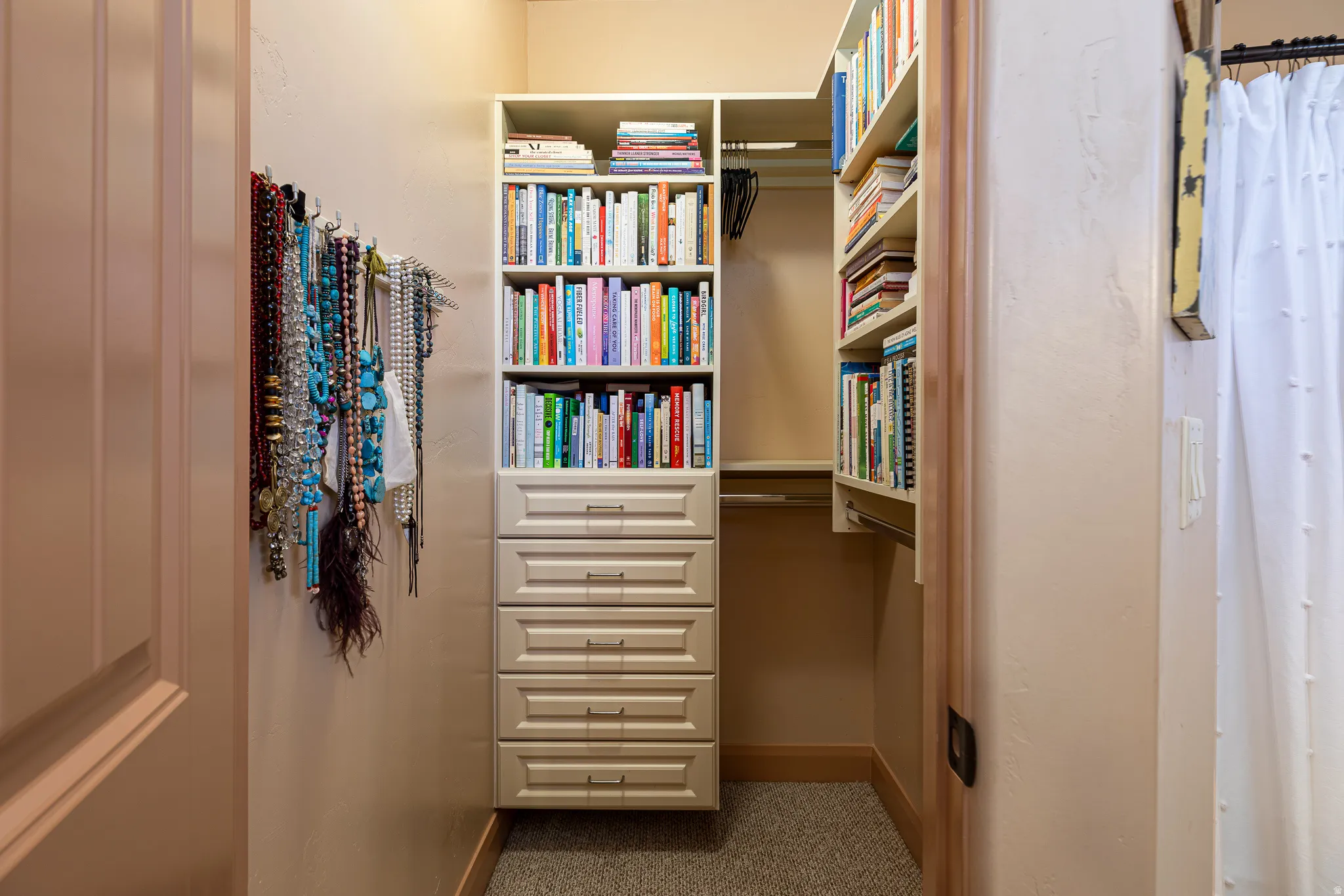 Walk in closet with light carpet