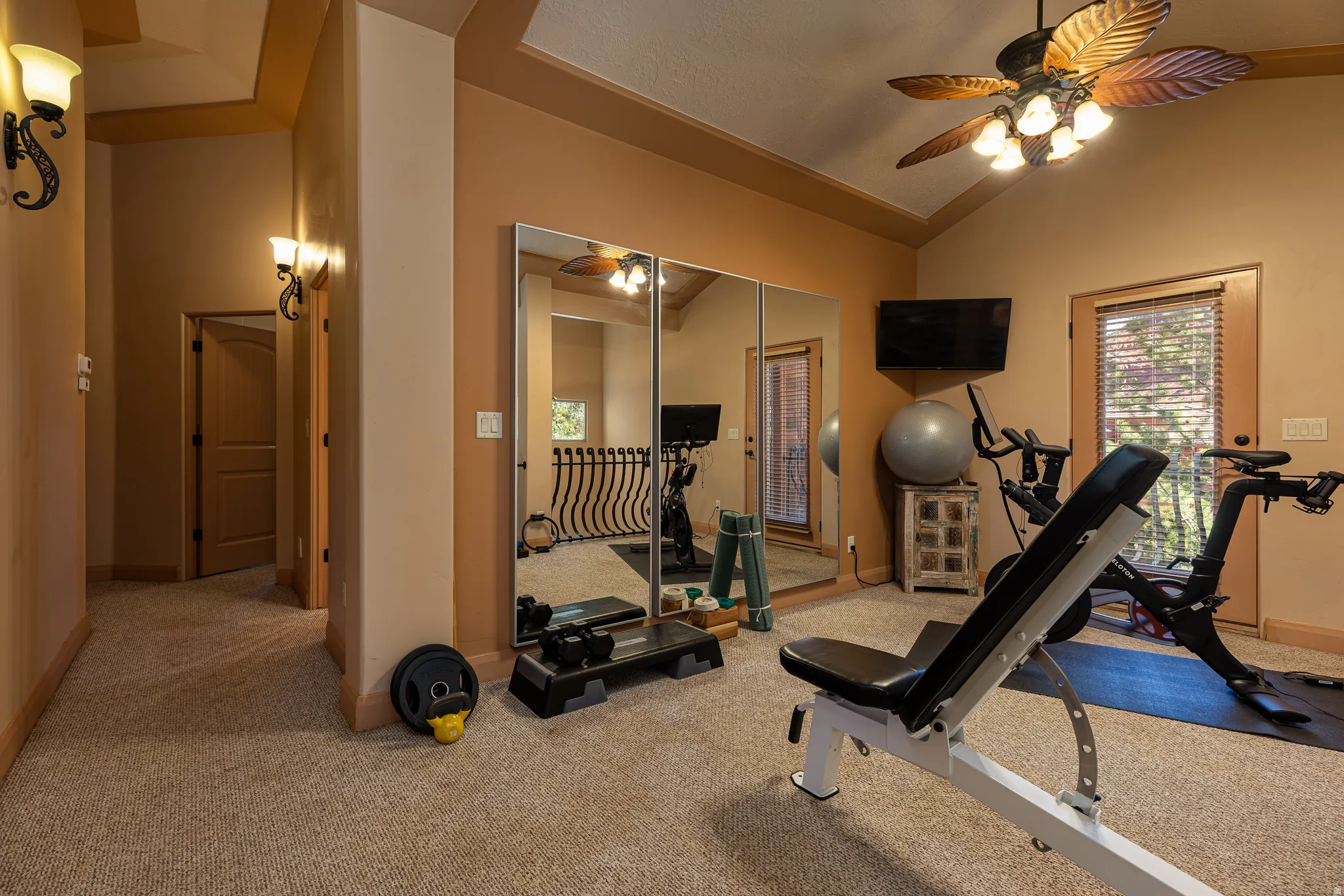 Workout area with carpet flooring, a ceiling fan, and lofted ceiling