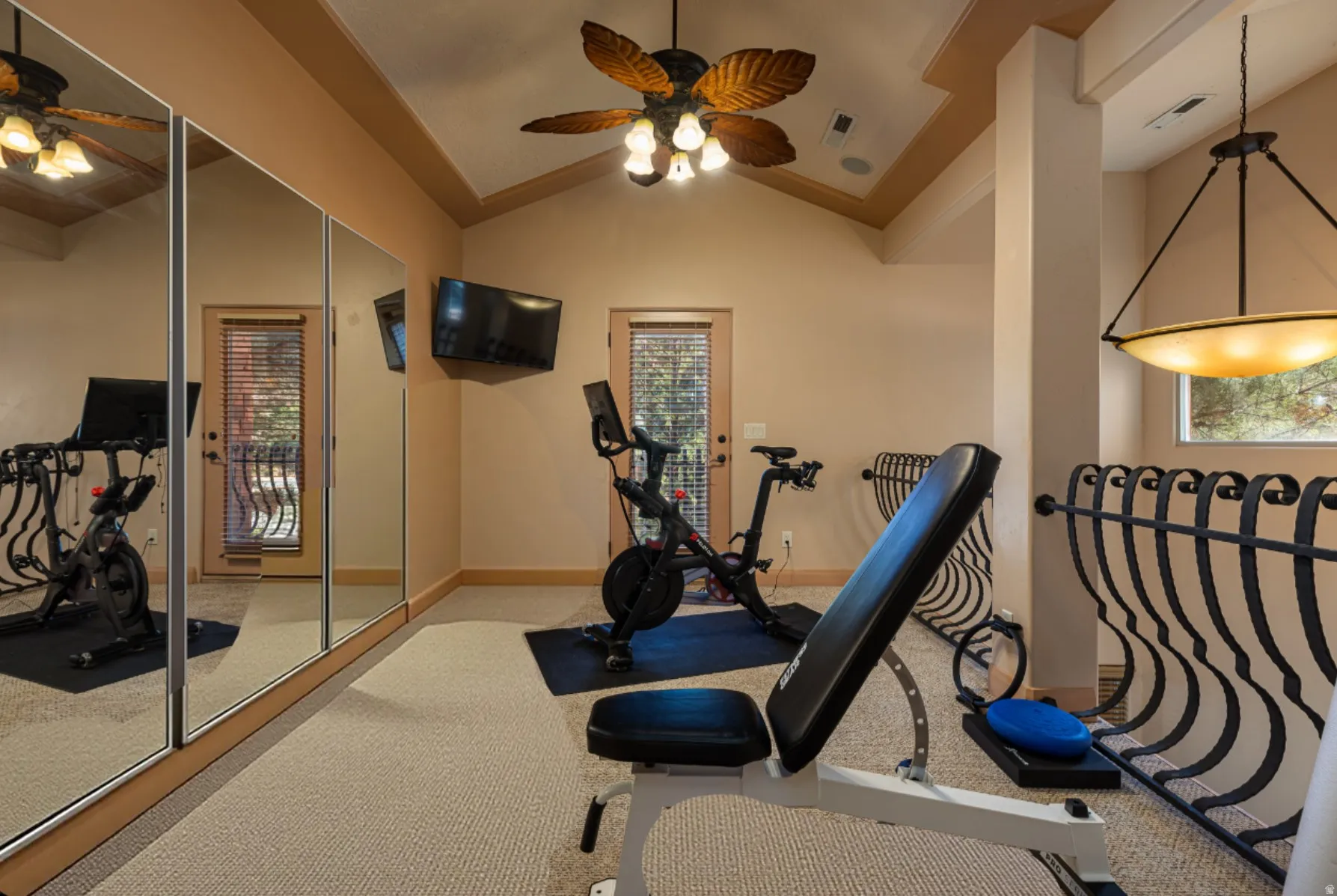 Workout room featuring carpet, a ceiling fan, and lofted ceiling