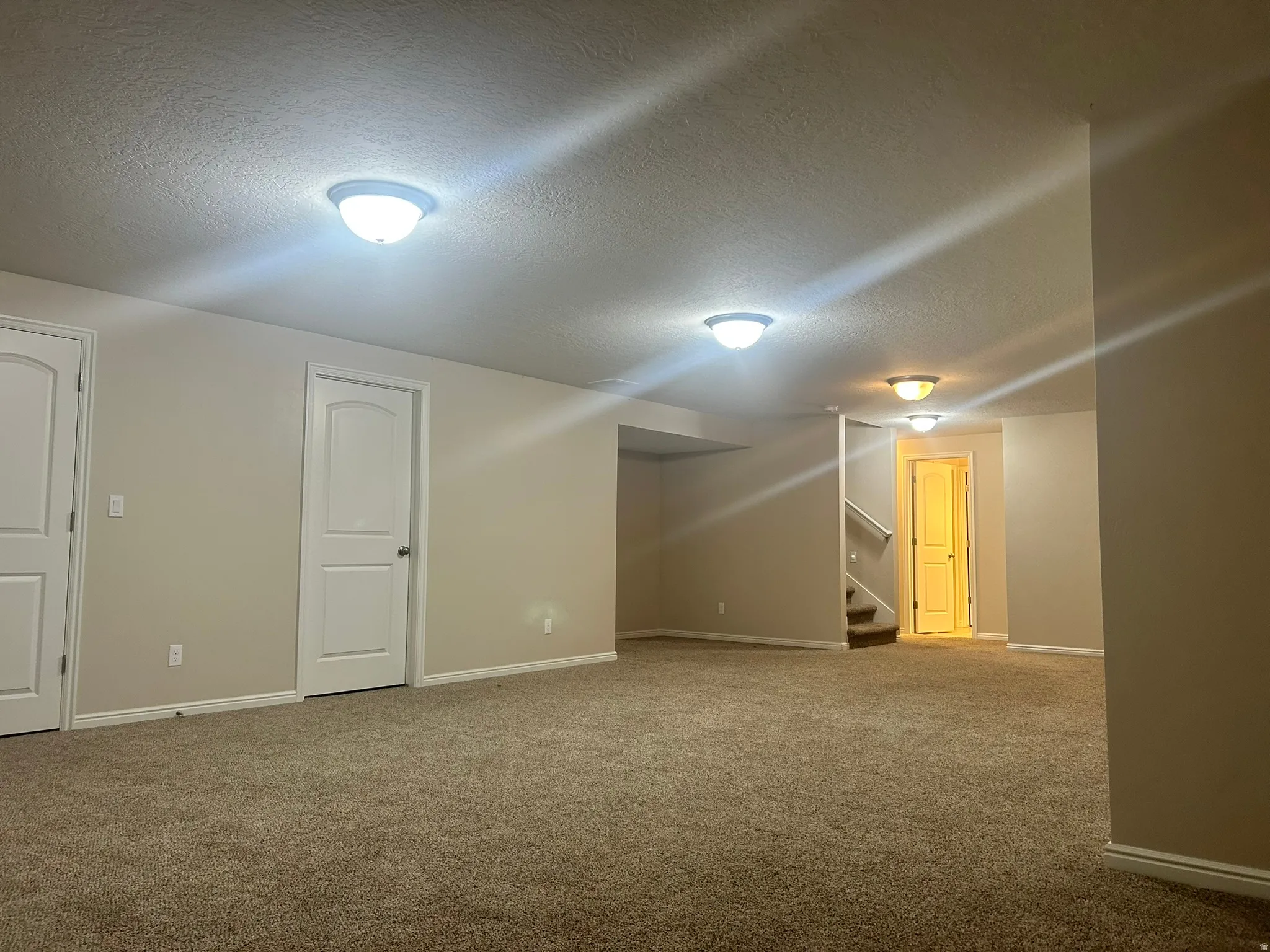 Finished basement featuring a textured ceiling and light colored carpet