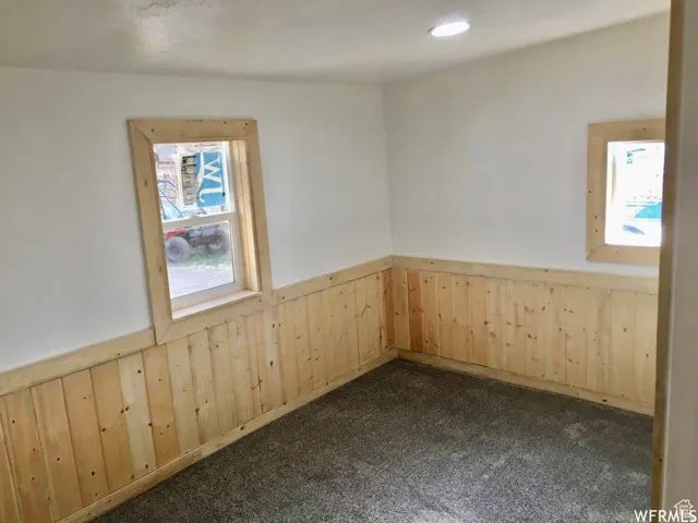 Unfurnished room with wooden walls, a wainscoted wall, and dark colored carpet