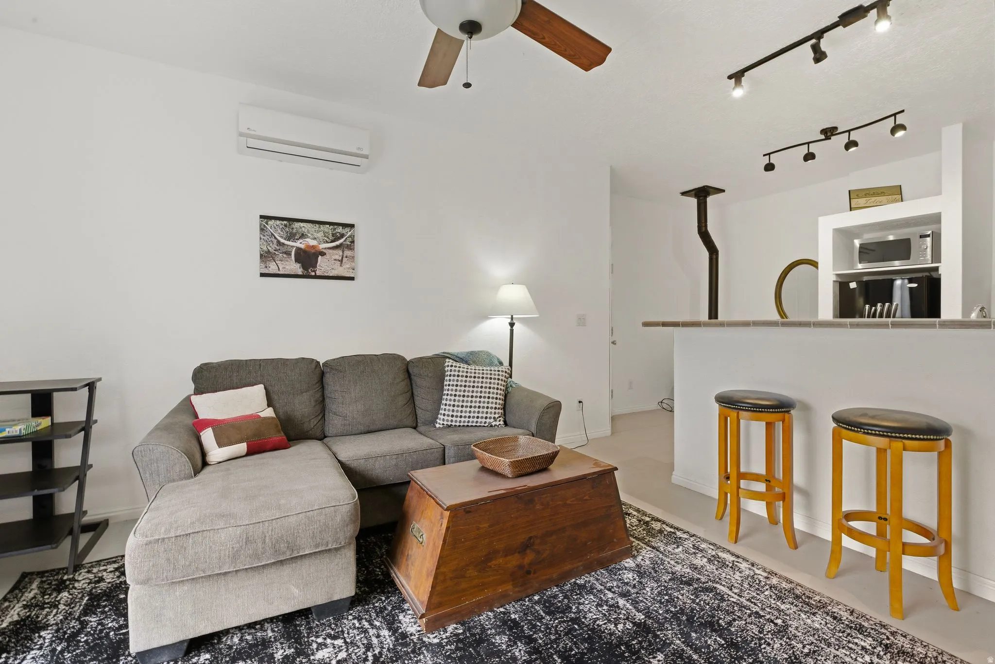Living area featuring rail lighting, a ceiling fan, and concrete floors