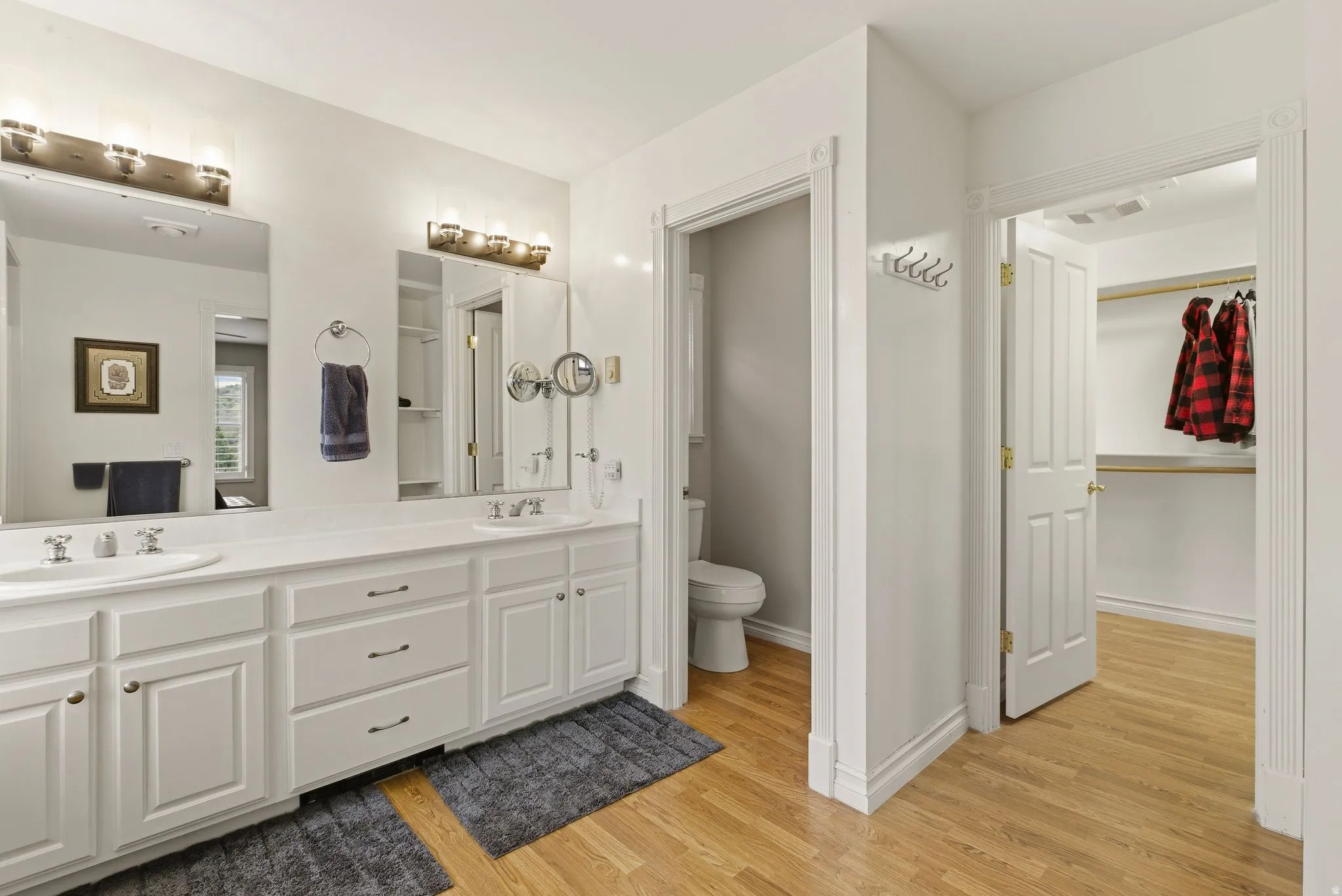 Bathroom featuring double vanity, light wood-style floors, and a spacious closet
