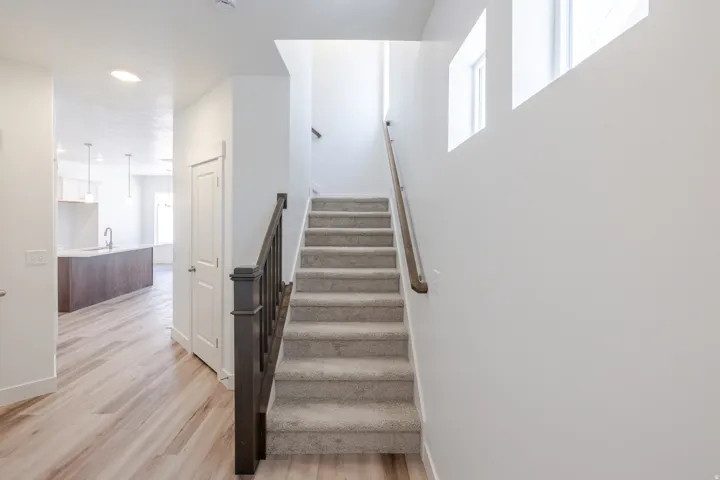 Carpeted staircase with dark wood newel post and handrail, featuring high transom windows