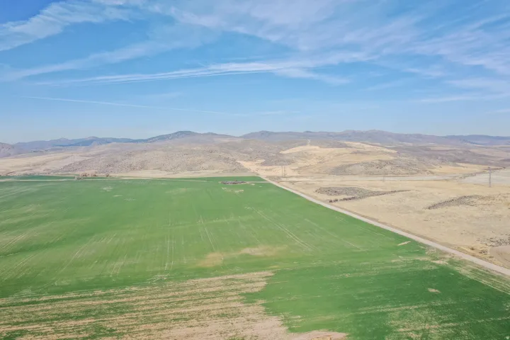 Overview of rural landscape with a mountain backdrop