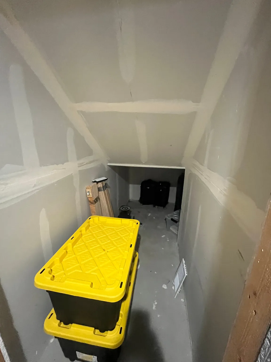 unfinished storage space under the stairs