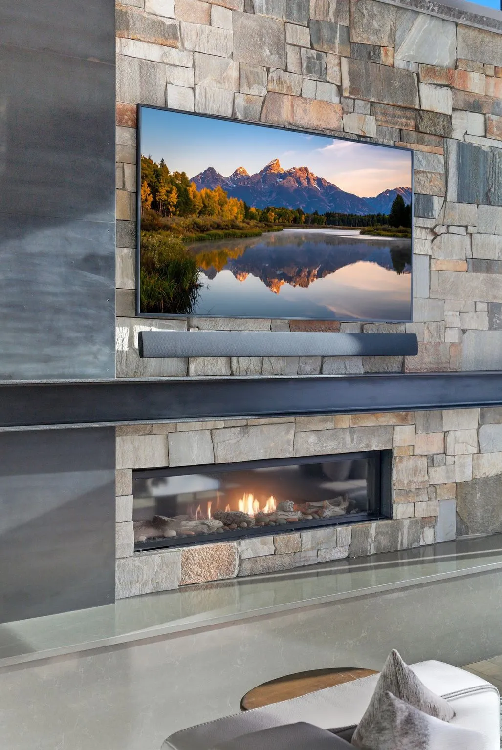 Detailed view of a glass covered fireplace