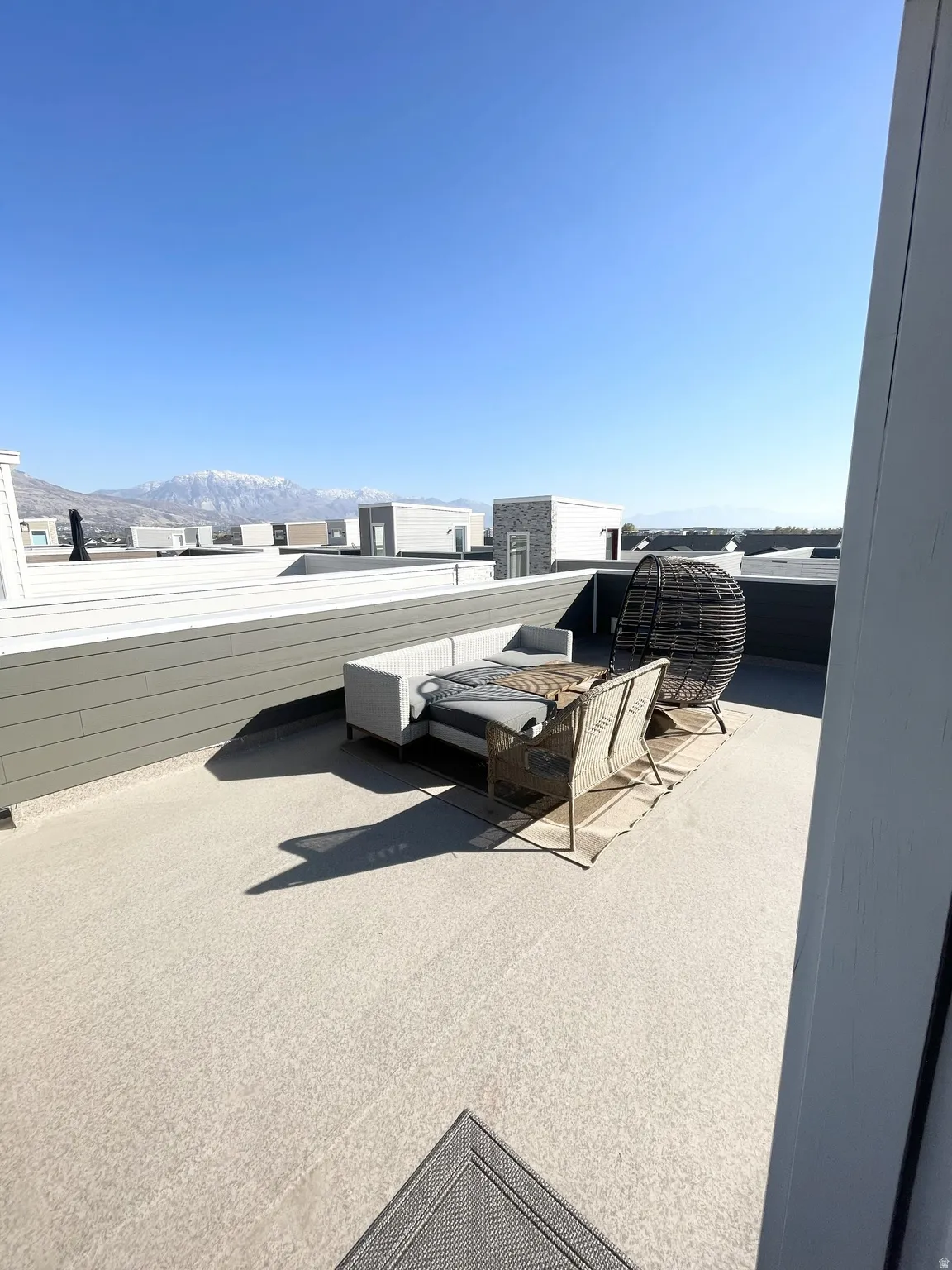 View of patio featuring a mountain view