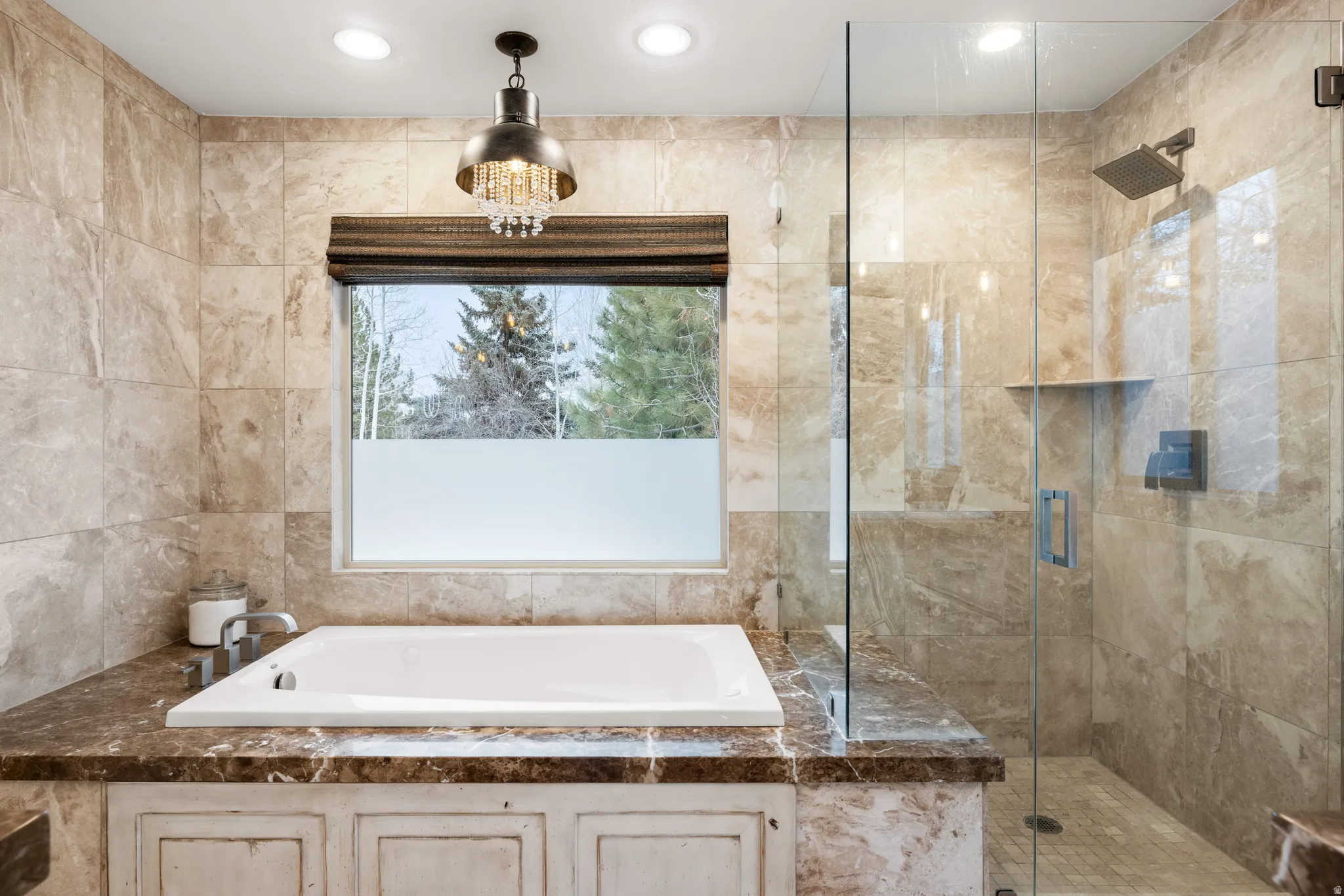Full bath with a garden tub, a stall shower, and recessed lighting