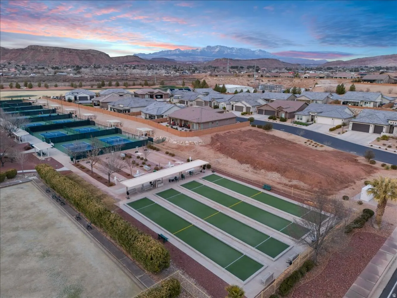 Aerial view at dusk of a mountain view and a residential view