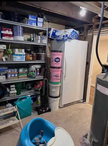Storage area featuring electric water heater