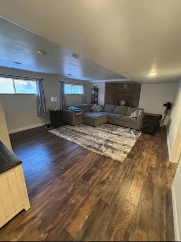 Living area featuring dark wood-style flooring and a fireplace