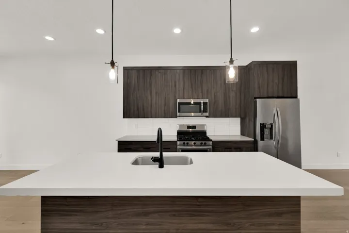 Kitchen featuring dark wood finish cabinets, light wood-style floors, stainless steel appliances, and modern cabinets
