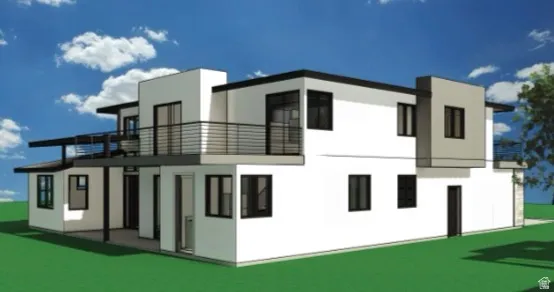 Contemporary architectural design with multiple balconies, a covered patio, dark-framed windows, and a flat roofline