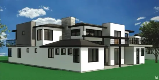 Modern architectural design featuring multi-level construction, a flat roofline, extensive window placement, multiple exterior balconies, and a neutral color palette