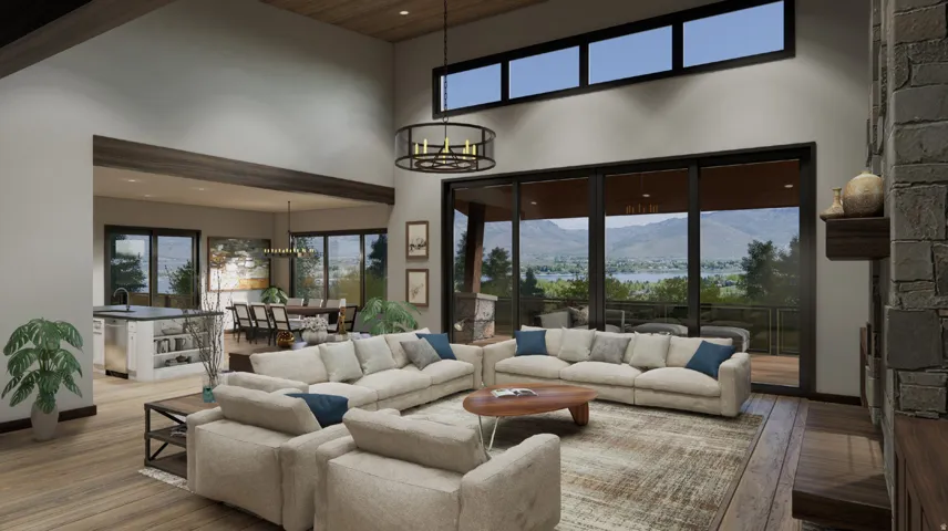Living room with wood-type flooring, a chandelier, and a mountain view