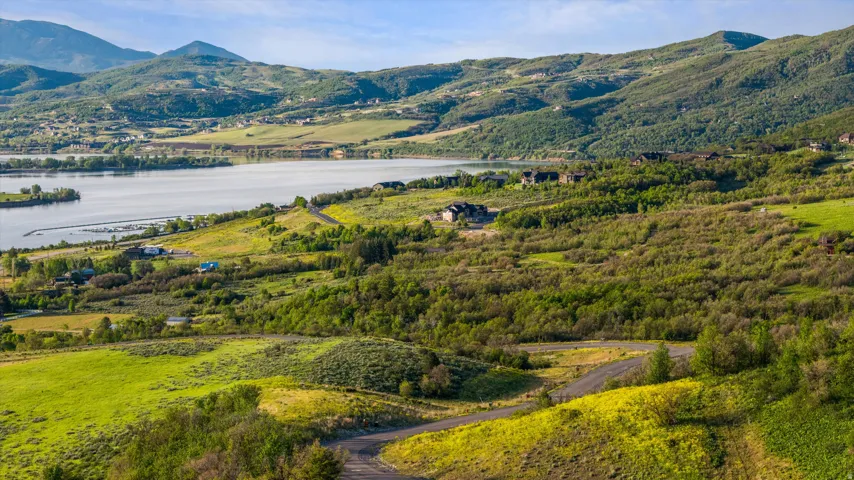 Expansive hillside property featuring a winding unpaved road, diverse natural vegetation, and distant water frontage