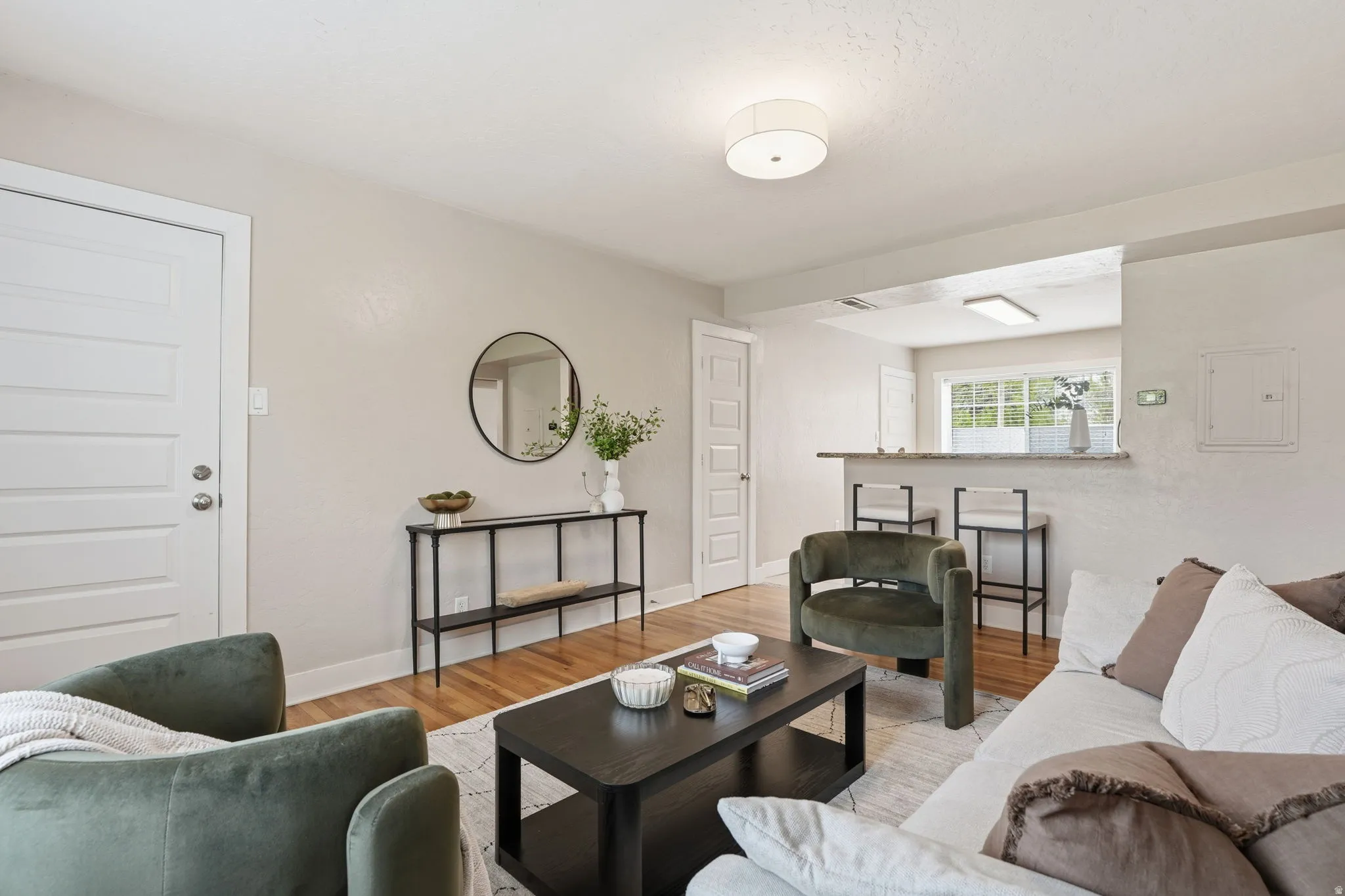 Living area with light wood-type flooring and electric panel