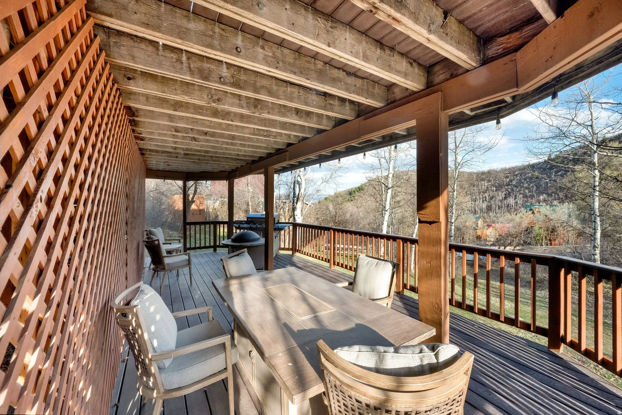 Wooden terrace with grilling area and outdoor dining area