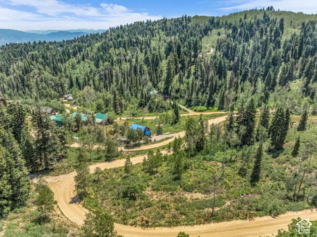Mountainous terrain with natural vegetation, multiple dirt roads, and scattered structures