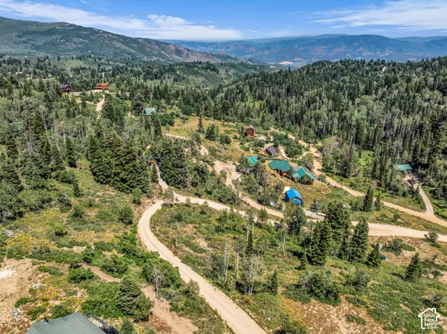 Expansive mountain terrain with a mix of evergreen and deciduous trees, featuring multiple structures with varying roof colors