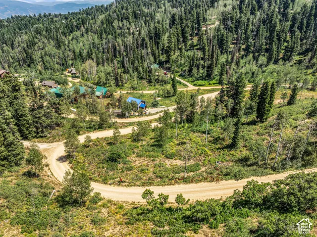 Mountainous terrain with natural landscaping, visible unpaved roads, and scattered residential structures