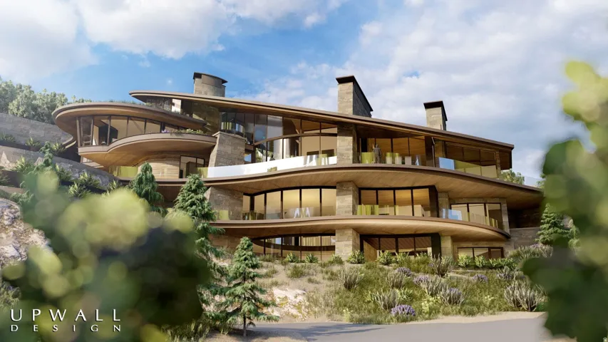 Hillside residence featuring multiple levels of curved balconies