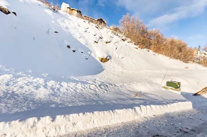 Snow-covered terrain with a prominent slope, mature deciduous trees, and a visible utility box