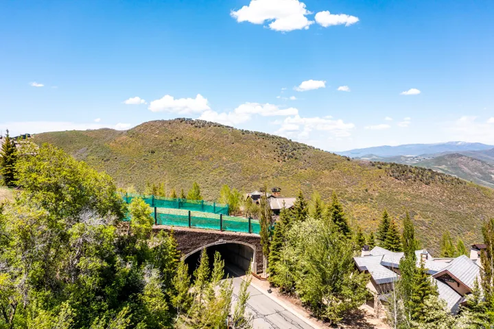 Landscaped property featuring a stone archway, elevated green fencing, and mature trees