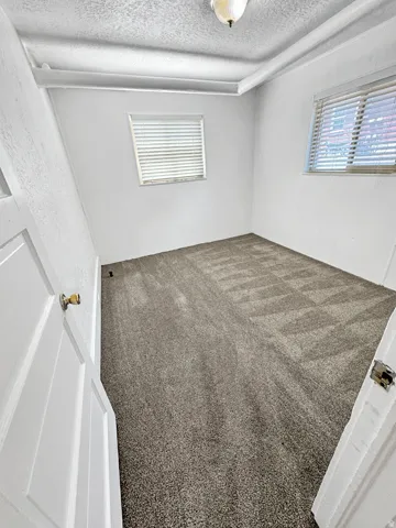Spare room with carpet floors and a textured ceiling