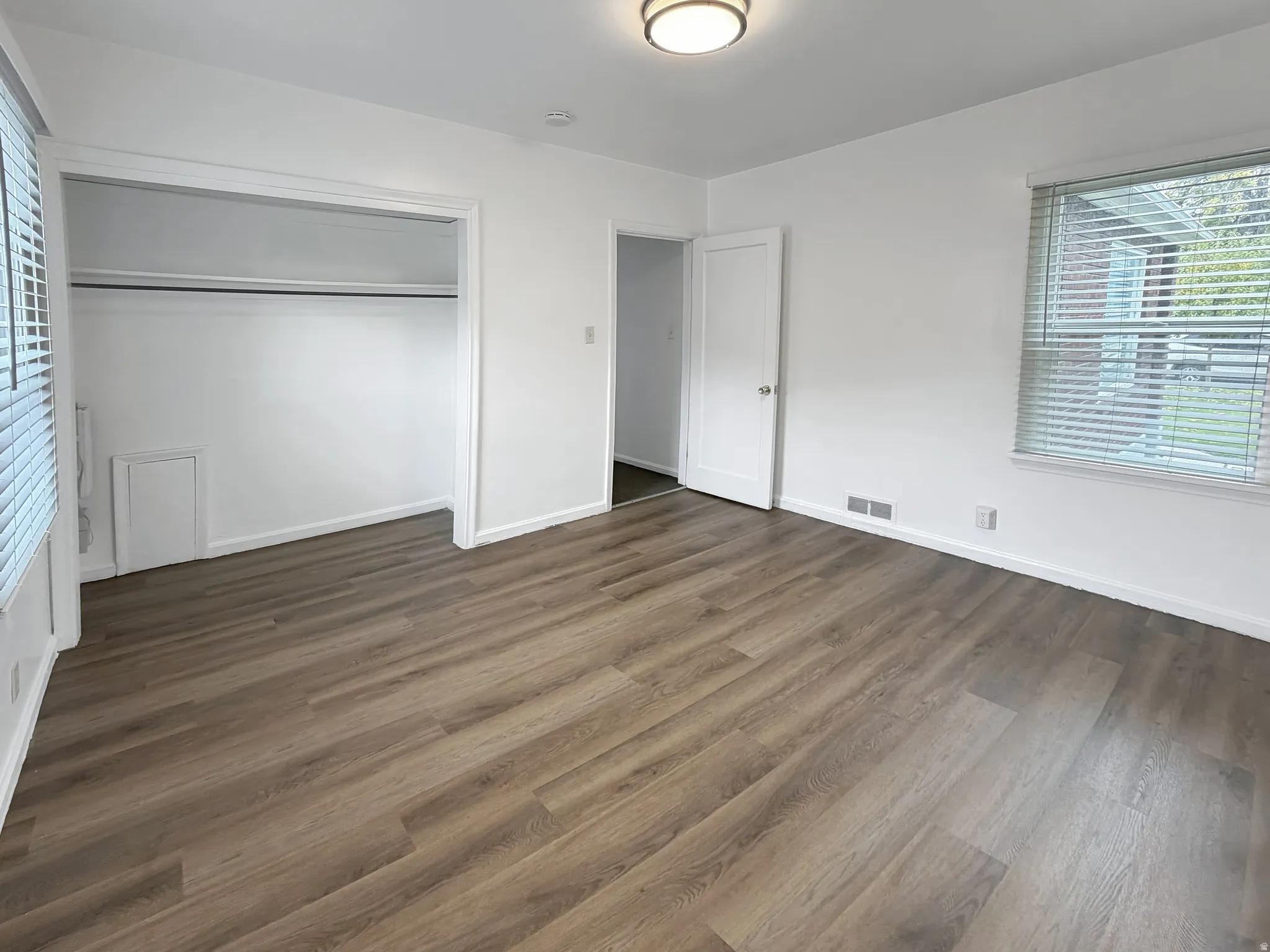 bedroom with multiple windows, wood finished floors, and a closet