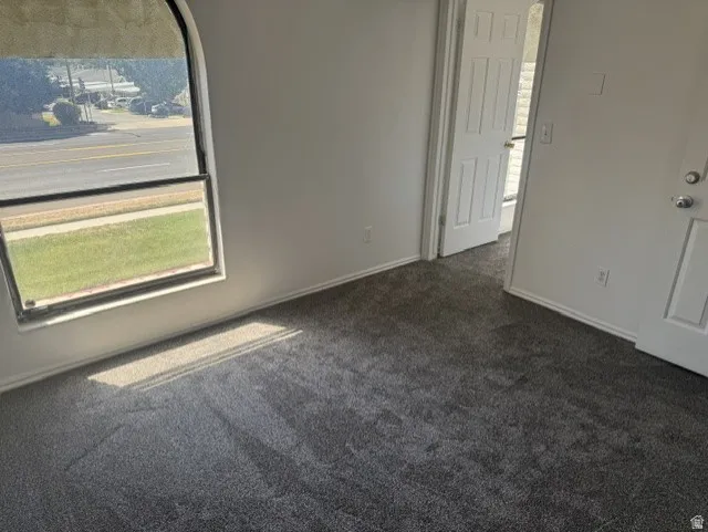 Interior space featuring new dark gray carpeting, light-colored walls, and white baseboards