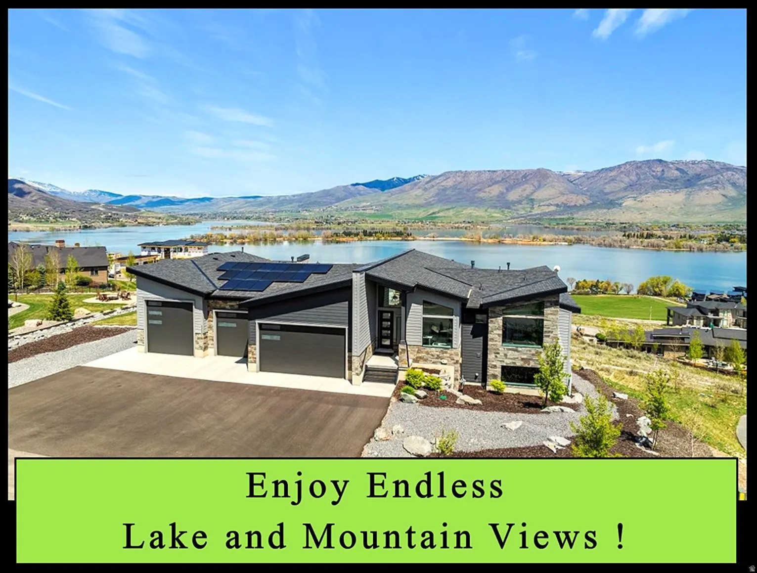 Real Estate Advertisement. Displaying a single-residence structure with a body of water and mountains in the background