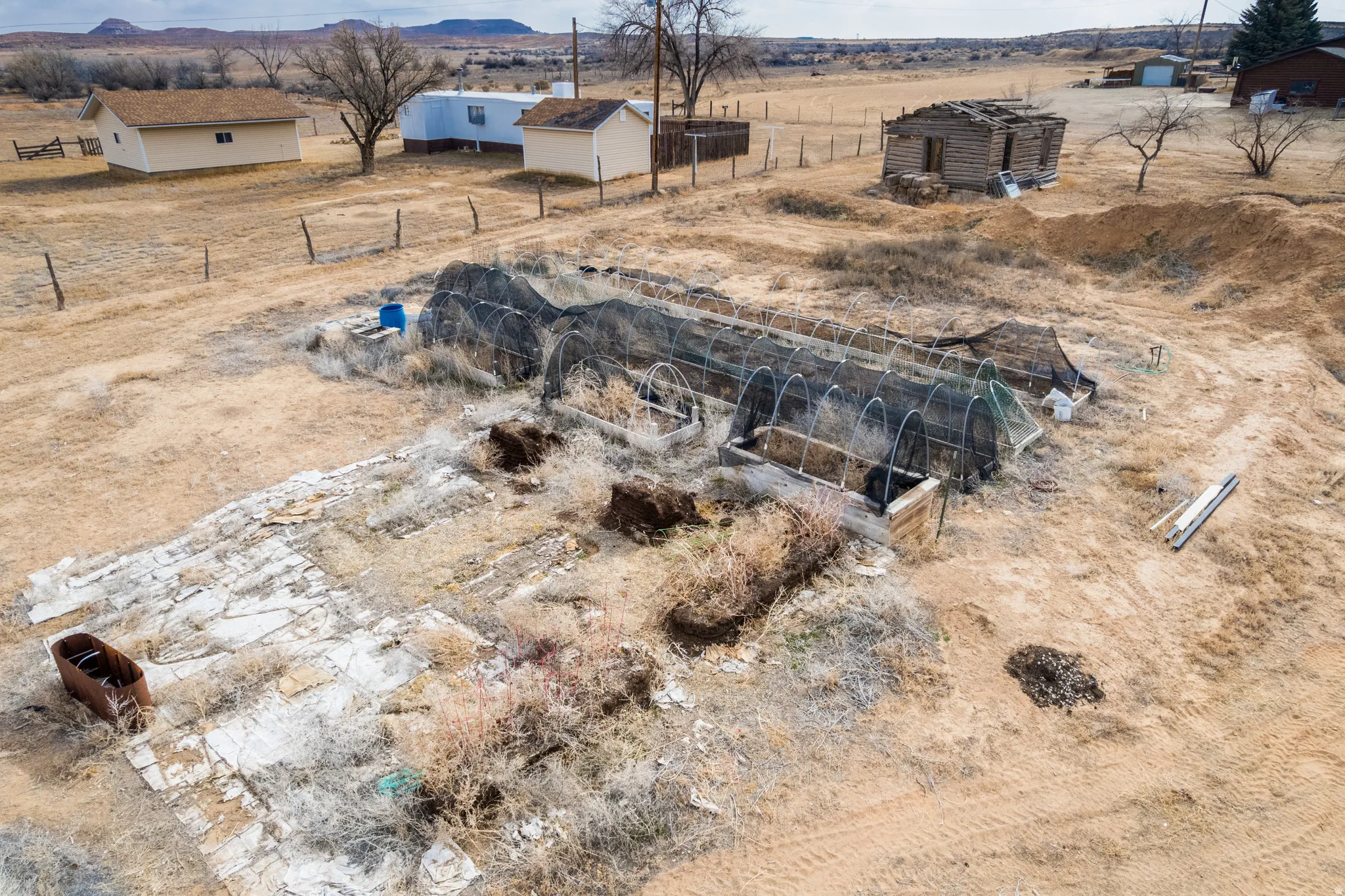 Overview of rural landscape featuring mountains