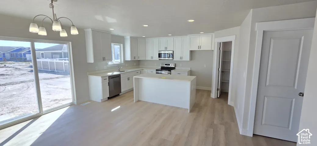 Modern kitchen featuring white cabinetry, a center island, stainless steel appliances, and wood-finish flooring